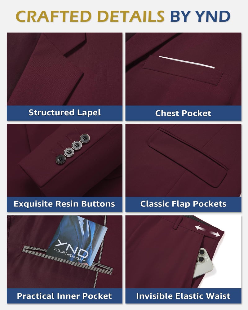 YND Men's 3 Piece Suit Set with Tie, 2 Button Slim Fit Solid Blazer Jacket Vest Pants, Business Wedding Party Suits for Men, Burgundy - Image 3